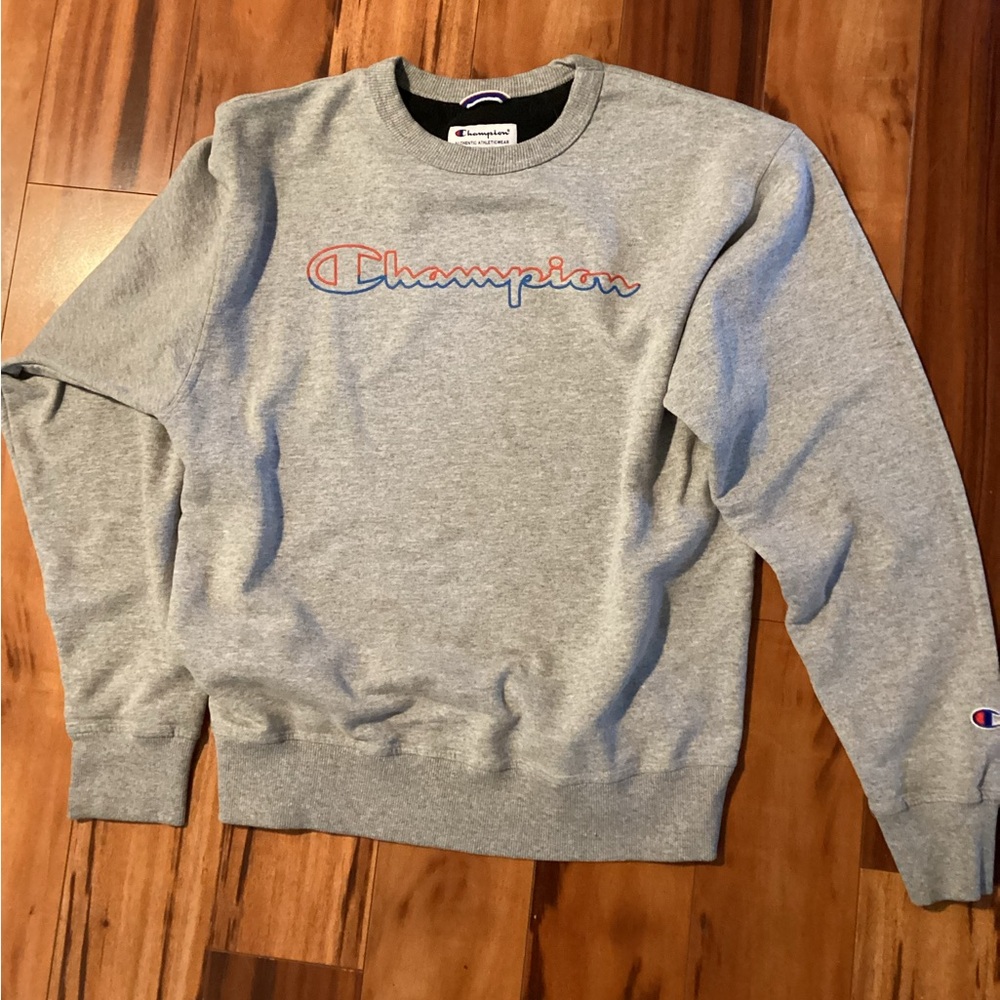 Champion Men's Light Grey Crewneck Sweatshirt with Blue & Red Logo